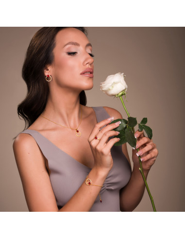 STARDUST SPARK earrings with red Swarovski® crystals worn by model – full outfit view