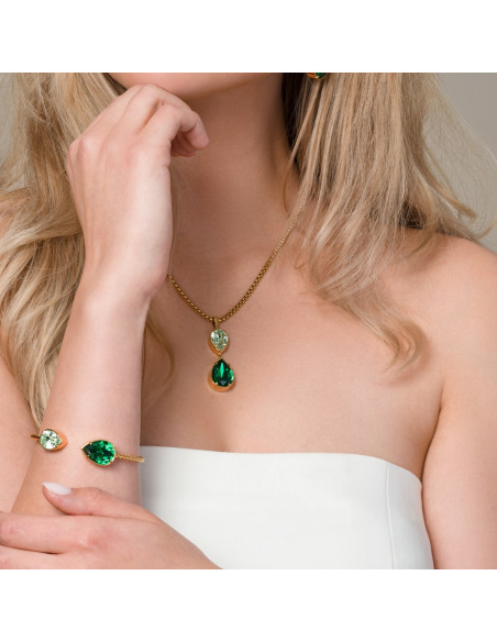 Collier RAYON en acier inoxydable plaqué or avec cristaux verts | SPARK