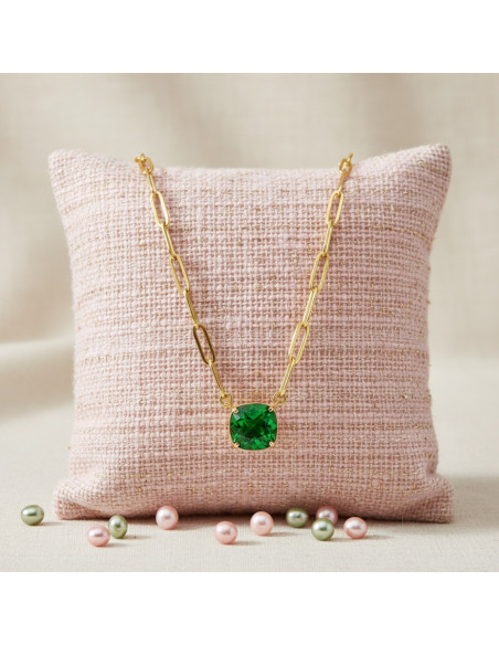 Collier MIRAGE en acier inoxydable plaqué or avec cristaux verts | SPARK
