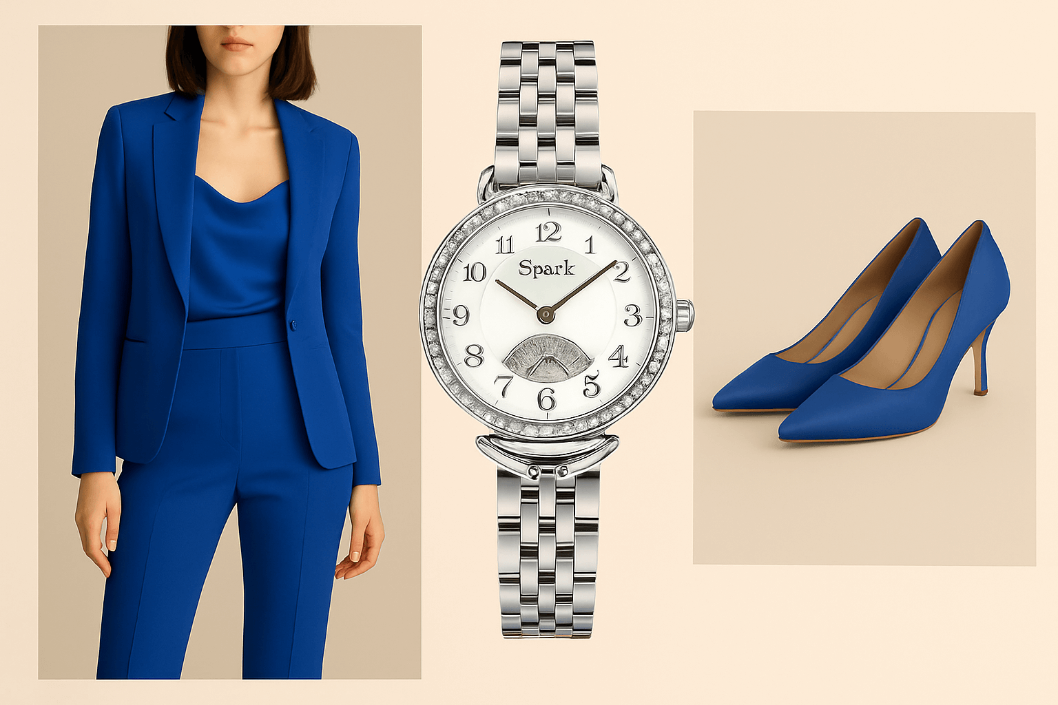 niebieska stylizacja z zegarkiem srebrnym Opera